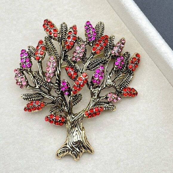 Yellow Gold with Ruby and Pink Sapphire Crystal Blooming Tree Pin Back Brooch - Picture 3 of 9